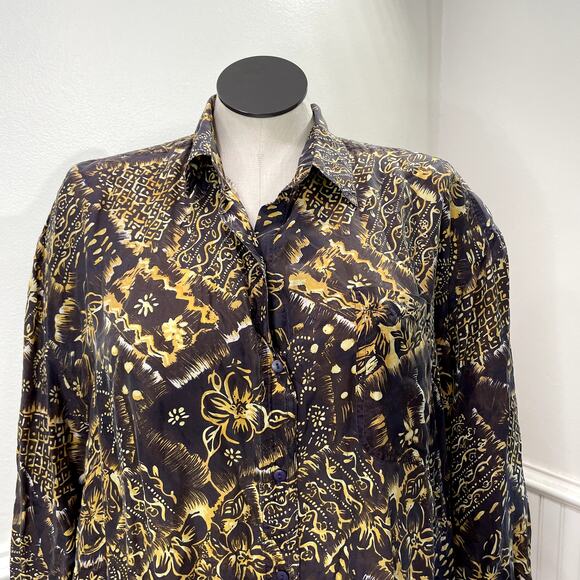 Details Express Plus Size 24 Shirt 100% Silk Button Front Floral Artsy Gray Gold - Picture 5 of 10
